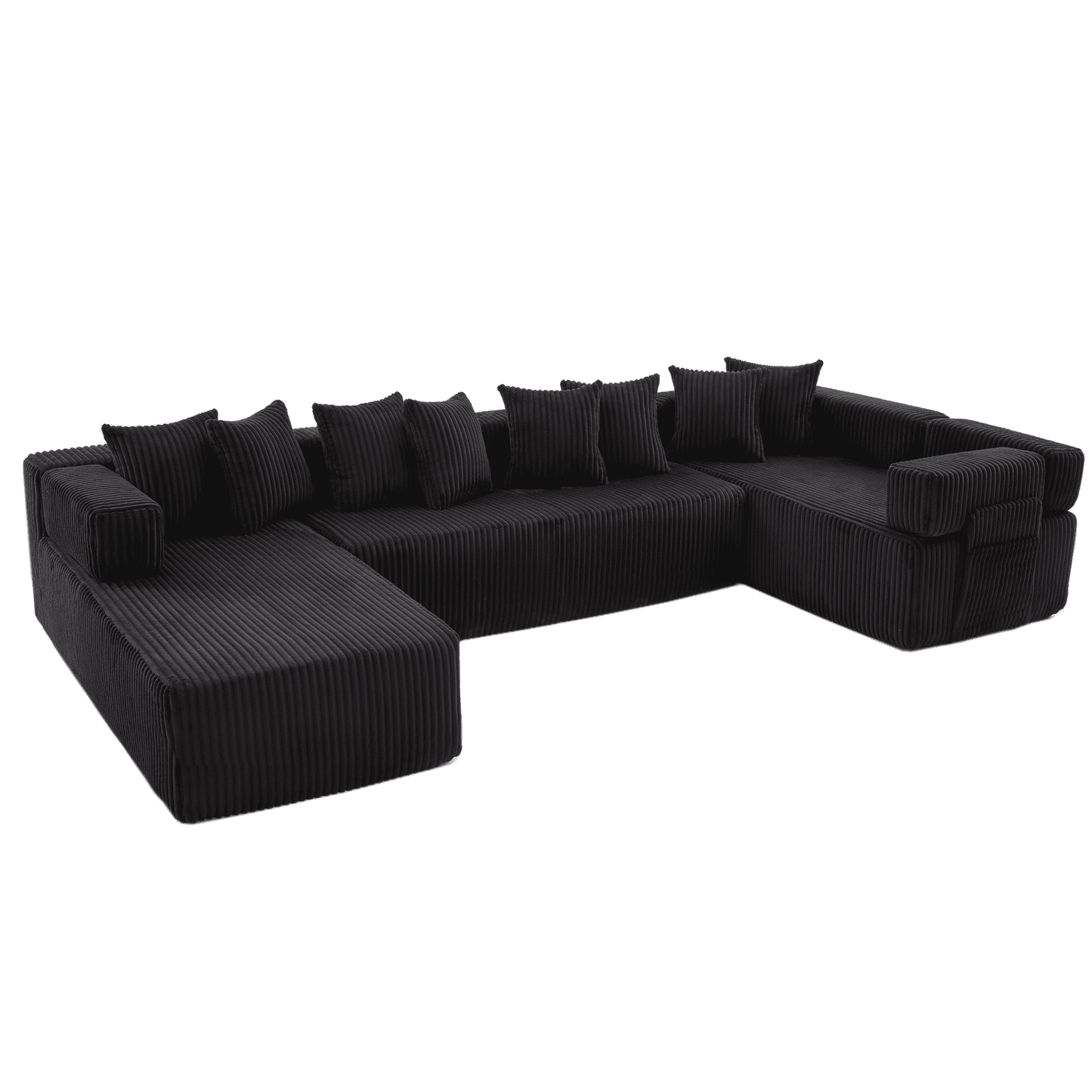 Black 6-Seat U-Shaped Sleeper Sectional Sofa – Convertible Corduroy Modular Couch with 8 Pillows & Storage Pocket