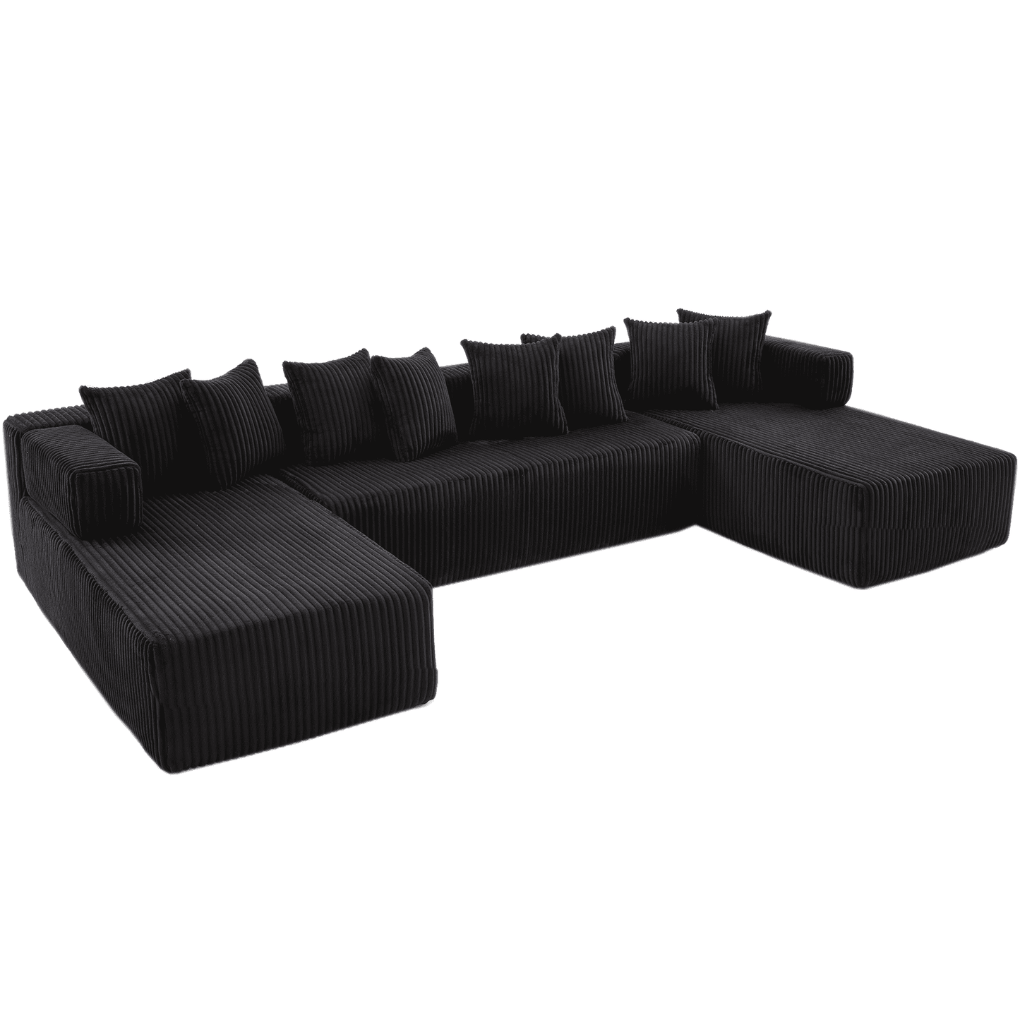 Black 6-Seat U-Shaped Sleeper Sectional Sofa – Convertible Corduroy Modular Couch with 8 Pillows & Storage Pocket