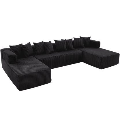 Black 6-Seat U-Shaped Sleeper Sectional Sofa – Convertible Corduroy Modular Couch with 8 Pillows & Storage Pocket