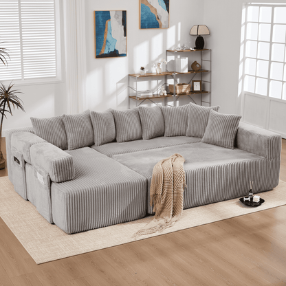 Light Gray 6-Seat U-Shaped Modular Sectional Sofa – Plush Corduroy Sleeper Couch with 8 Pillows & Flexible Configuration