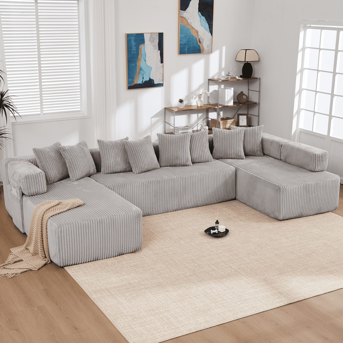 Light Gray 6-Seat U-Shaped Modular Sectional Sofa – Plush Corduroy Sleeper Couch with 8 Pillows & Flexible Configuration