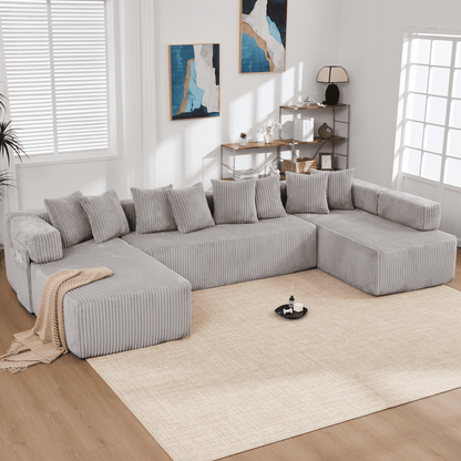 Light Gray 6-Seat U-Shaped Modular Sectional Sofa – Plush Corduroy Sleeper Couch with 8 Pillows & Flexible Configuration