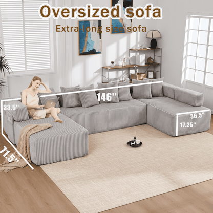 Light Gray 6-Seat U-Shaped Modular Sectional Sofa – Plush Corduroy Sleeper Couch with 8 Pillows & Flexible Configuration