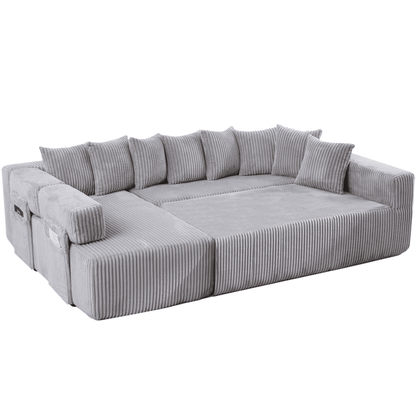 Light Gray 6-Seat U-Shaped Modular Sectional Sofa – Plush Corduroy Sleeper Couch with 8 Pillows & Flexible Configuration