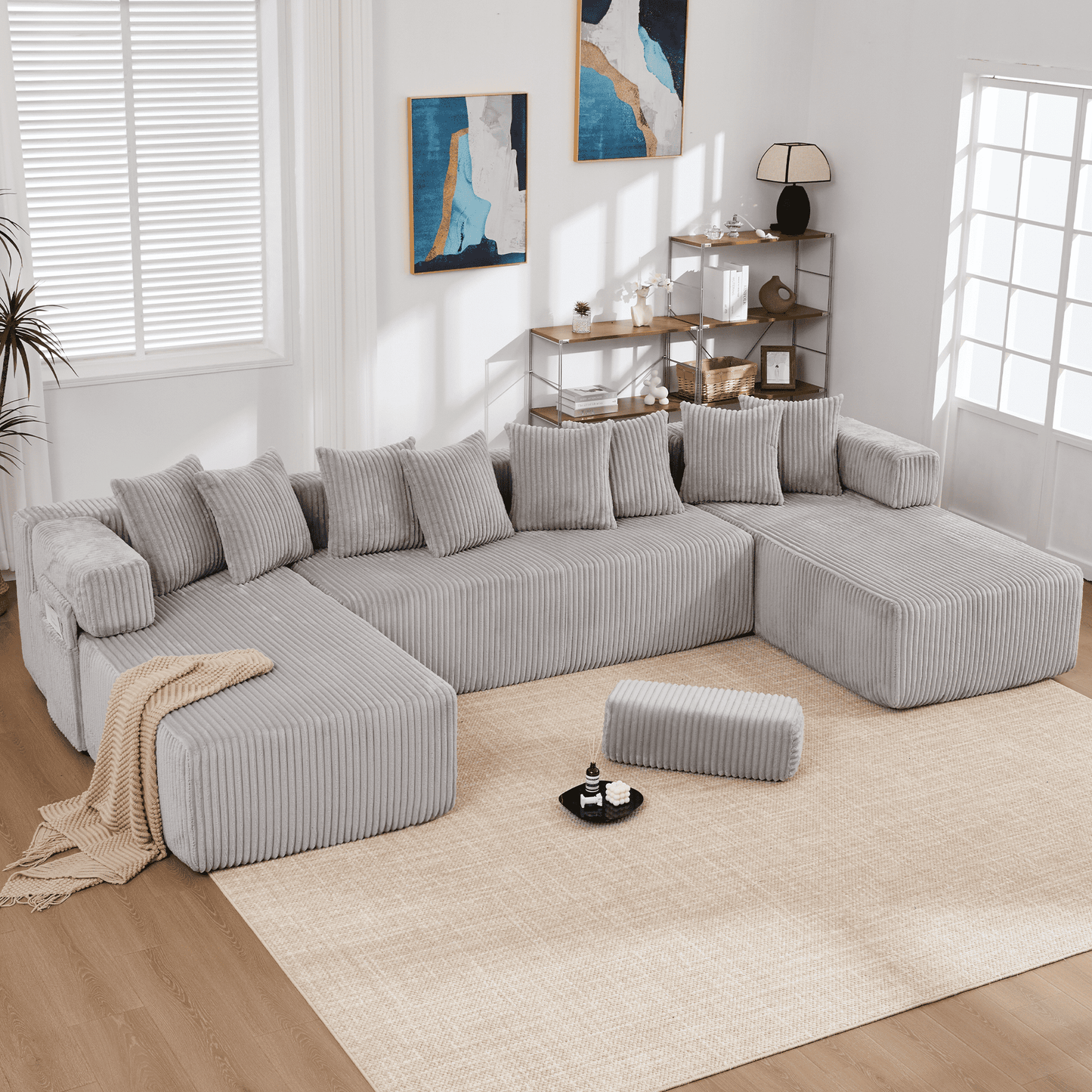 Light Gray 6-Seat U-Shaped Modular Sectional Sofa – Plush Corduroy Sleeper Couch with 8 Pillows & Flexible Configuration