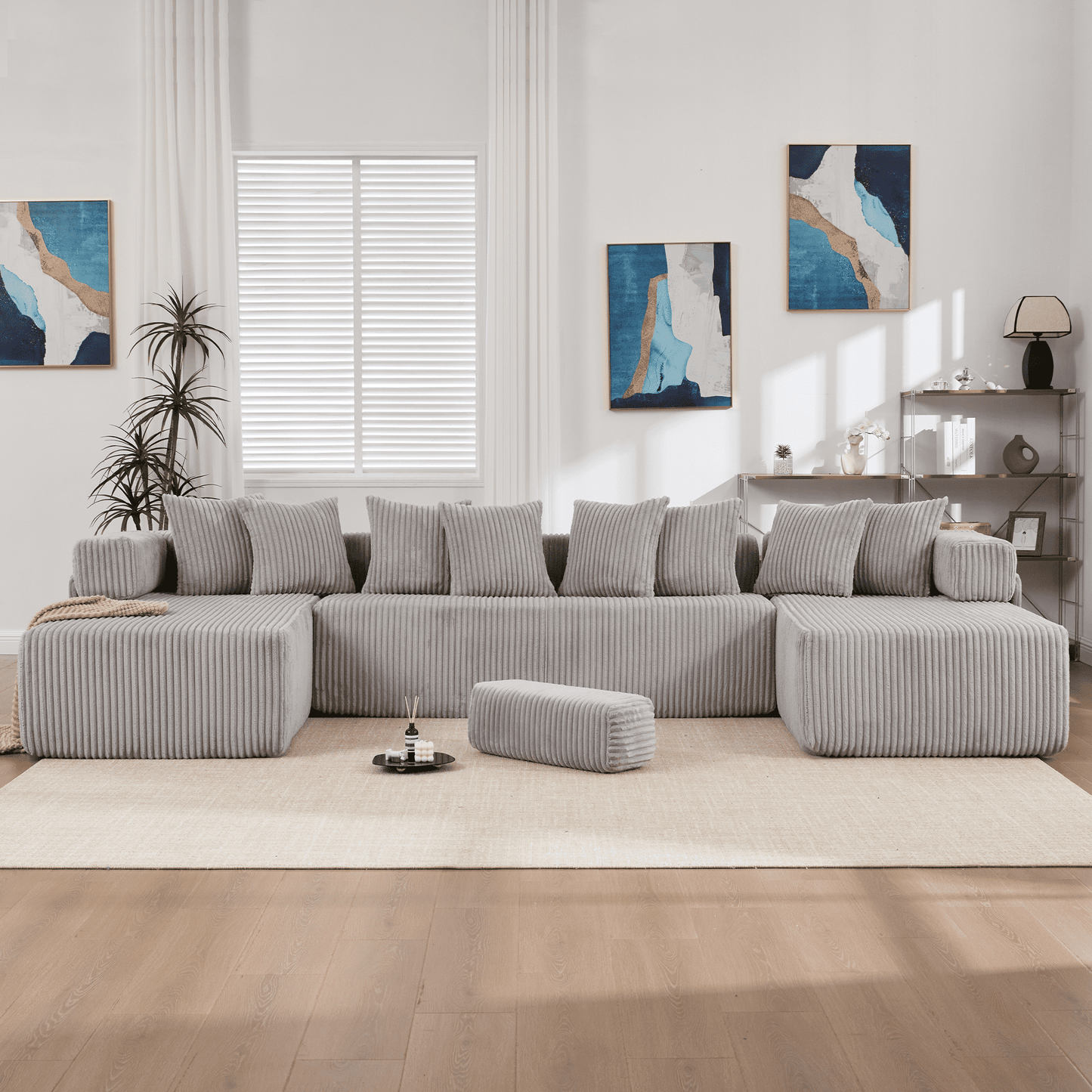 Light Gray 6-Seat U-Shaped Modular Sectional Sofa – Plush Corduroy Sleeper Couch with 8 Pillows & Flexible Configuration