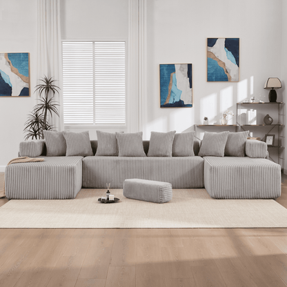 Light Gray 6-Seat U-Shaped Modular Sectional Sofa – Plush Corduroy Sleeper Couch with 8 Pillows & Flexible Configuration