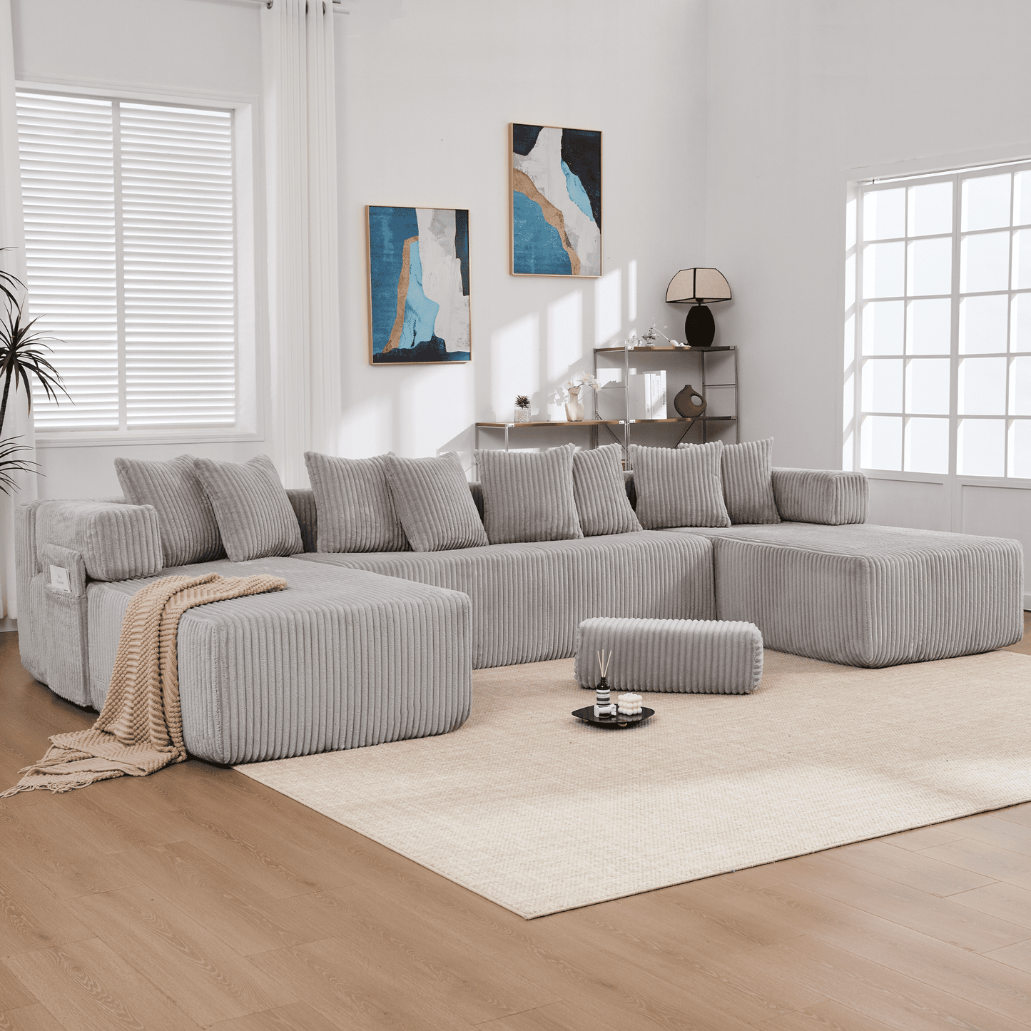 Light Gray 6-Seat U-Shaped Modular Sectional Sofa – Plush Corduroy Sleeper Couch with 8 Pillows & Flexible Configuration