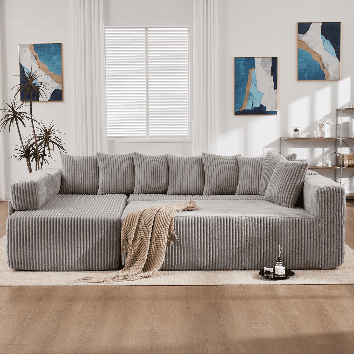 Light Gray 6-Seat U-Shaped Modular Sectional Sofa – Plush Corduroy Sleeper Couch with 8 Pillows & Flexible Configuration