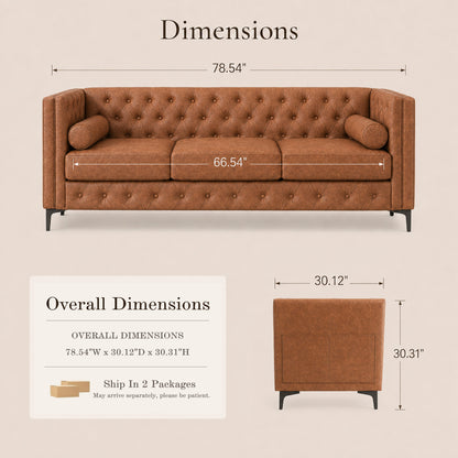 Brown Leather Sofa, Classic 3-Seater Living Room Couch with Button Tufted Design, Pocket Spring Cushion and Sturdy Wood Frame