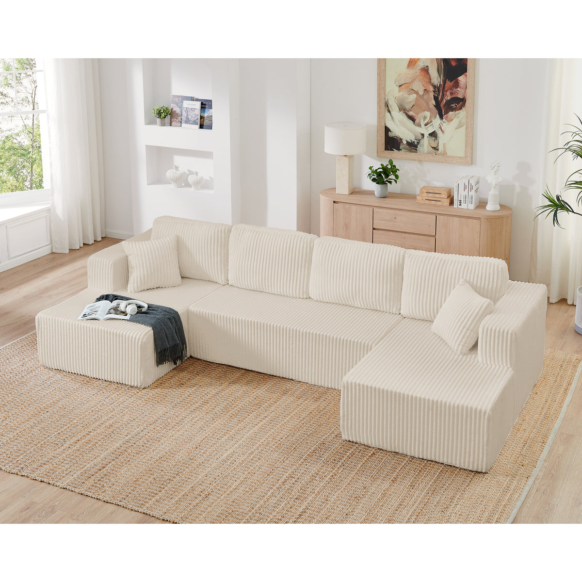 U-Shaped Modular Corduroy Sectional Sofa, Compressed Sleeper Couch