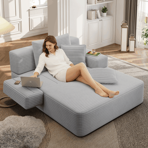 Oversized Plush Corduroy Chaise Lounge Sofa, Convertible Sleeper Couch Bed with Storage Pockets & 3 Pillows
