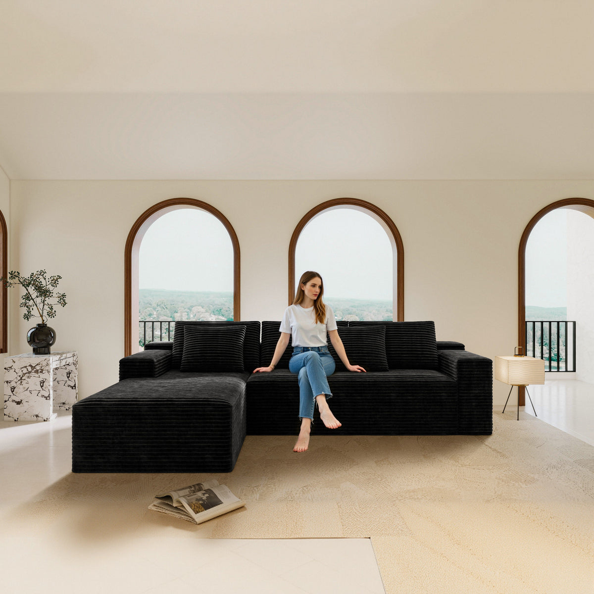 2PC Modular Sectional Sofa, Plush Corduroy Upholstered Couch, No Assembly