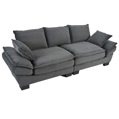 U-Style Modern Curved Sofa, Back Upholstered Couch with 2 Decorative Throw Pillows, Corduroy Fabric Couch for Living Room, Bedroom , Apartment