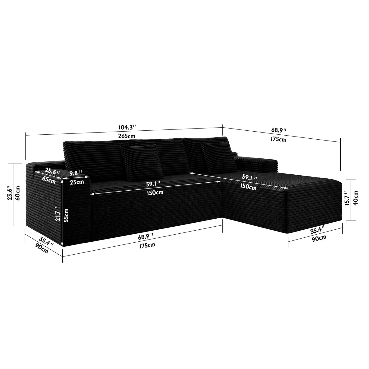 Compressed Modular Sofa Seat, Corduroy Upholstered Couch for Living Room & Bedroom