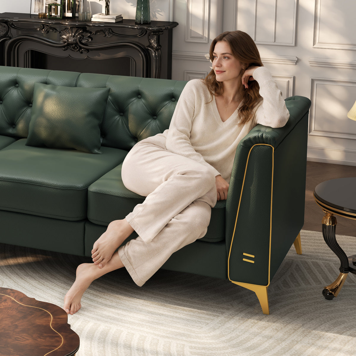 6 Pillows Light Luxury Chesterfield Sofa, Faux Leather, Thin Metal Legs, Metal Trim Armrests & Button Tufting