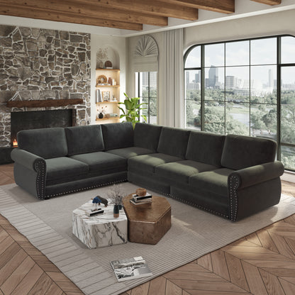 L-Shaped Chenille Sectional Sofa with Pull-Out Bed & Rolled Arm