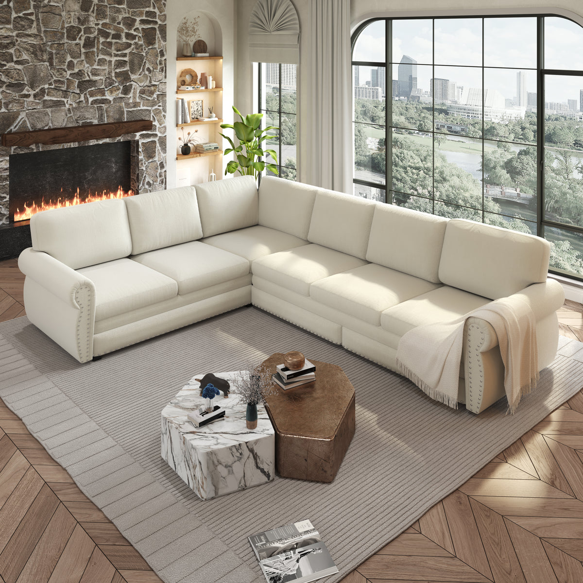 L-Shaped Chenille Sectional Sofa with Pull-Out Bed & Rolled Arm