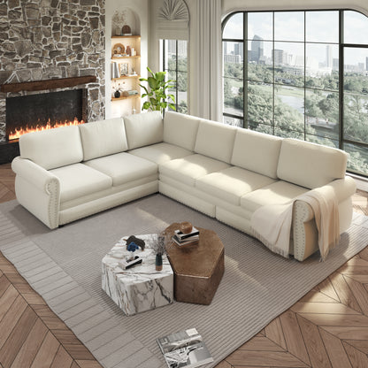 L-Shaped Chenille Sectional Sofa with Pull-Out Bed & Rolled Arm