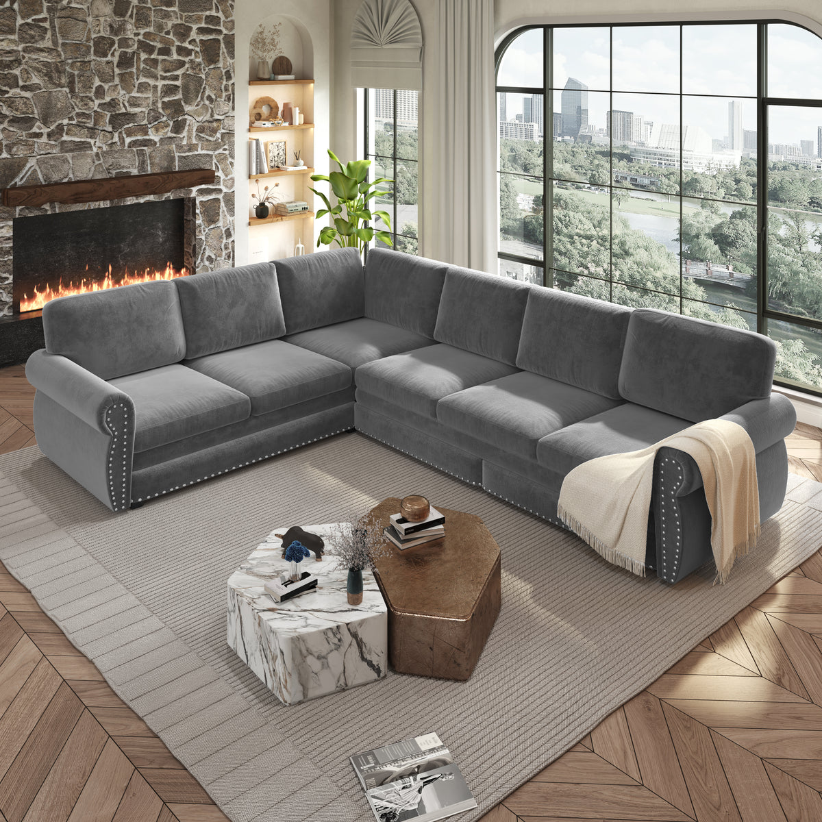 L-Shaped Chenille Sectional Sofa with Pull-Out Bed & Rolled Arm