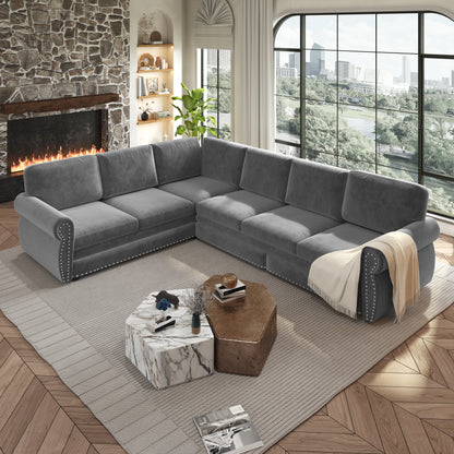 L-Shaped Chenille Sectional Sofa with Pull-Out Bed & Rolled Arm