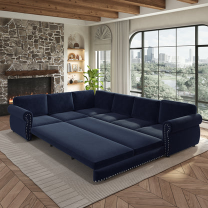 118" Oversized Convertible Sleeper Sofa with Nailhead Trim, L-Shaped Couch