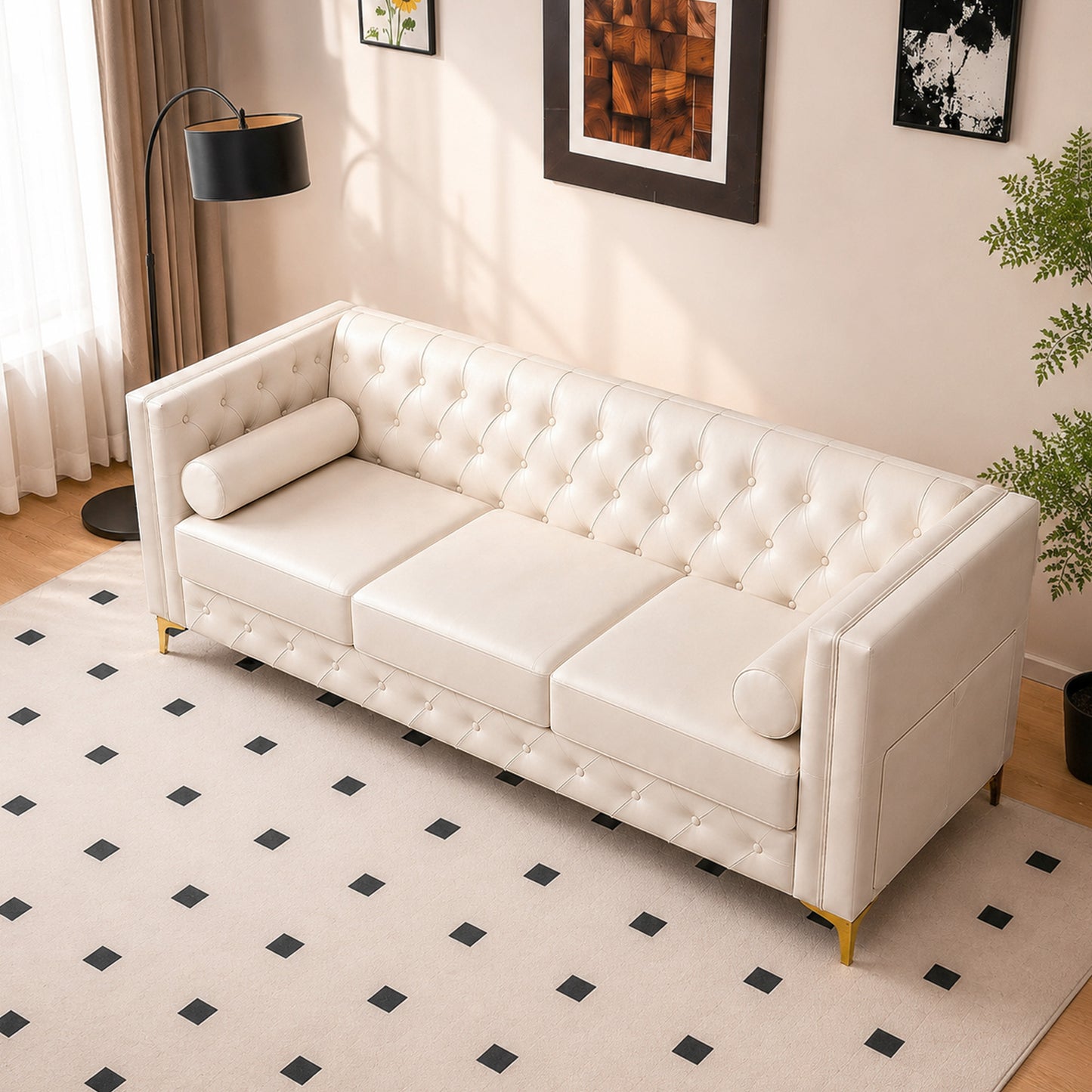 White Faux Leather Couch, Modern Tufted 3-Seat Sofa with Decorative Pillows, Metal Legs and High-Rebound Sponge Comfort for Home