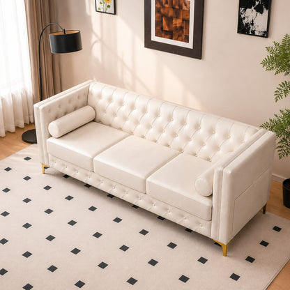 White Faux Leather Couch, Modern Tufted 3-Seat Sofa with Decorative Pillows, Metal Legs and High-Rebound Sponge Comfort for Home