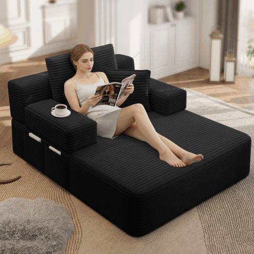 Oversized Plush Corduroy Chaise Lounge Sofa, Convertible Sleeper Couch Bed with Storage Pockets & 3 Pillows