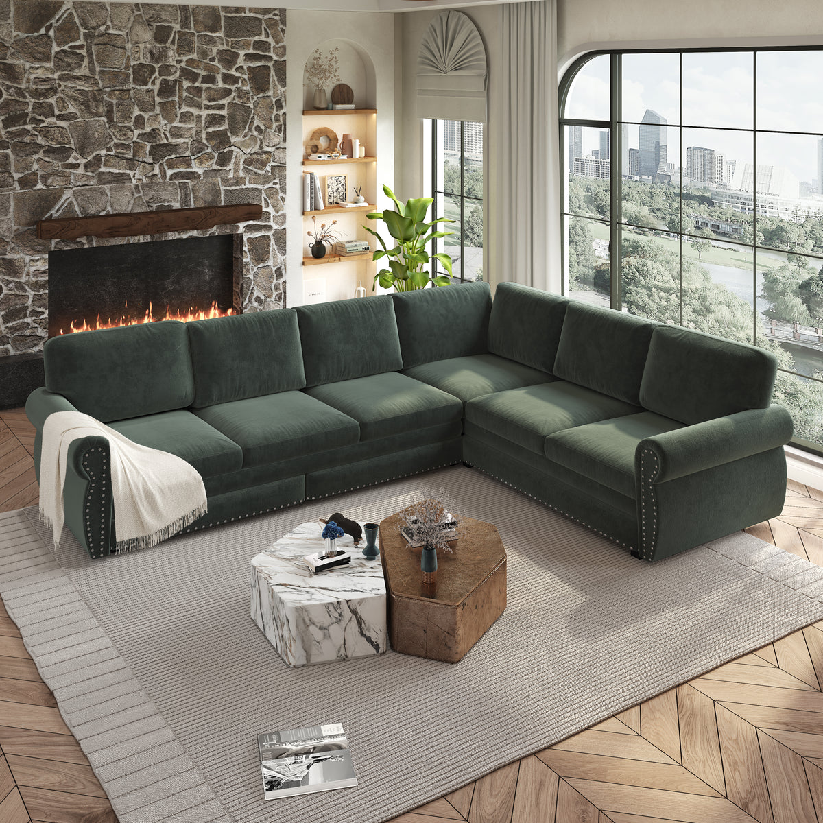 118" Oversized Convertible Sleeper Sofa with Nailhead Trim, L-Shaped Couch