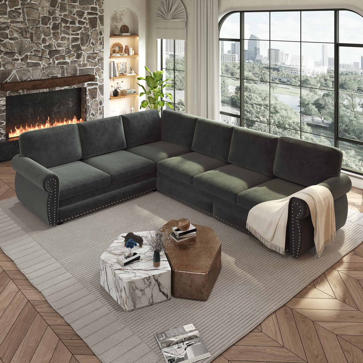 L-Shaped Chenille Sectional Sofa with Pull-Out Bed & Rolled Arm
