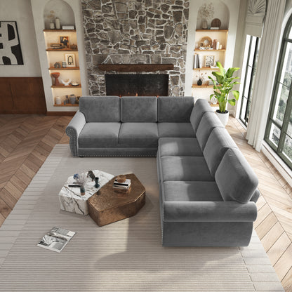 L-Shaped Chenille Sectional Sofa with Pull-Out Bed & Rolled Arm