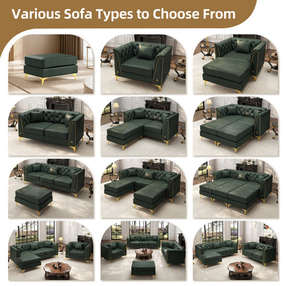 6 Pillows Light Luxury Chesterfield Sofa, Faux Leather, Thin Metal Legs, Metal Trim Armrests & Button Tufting