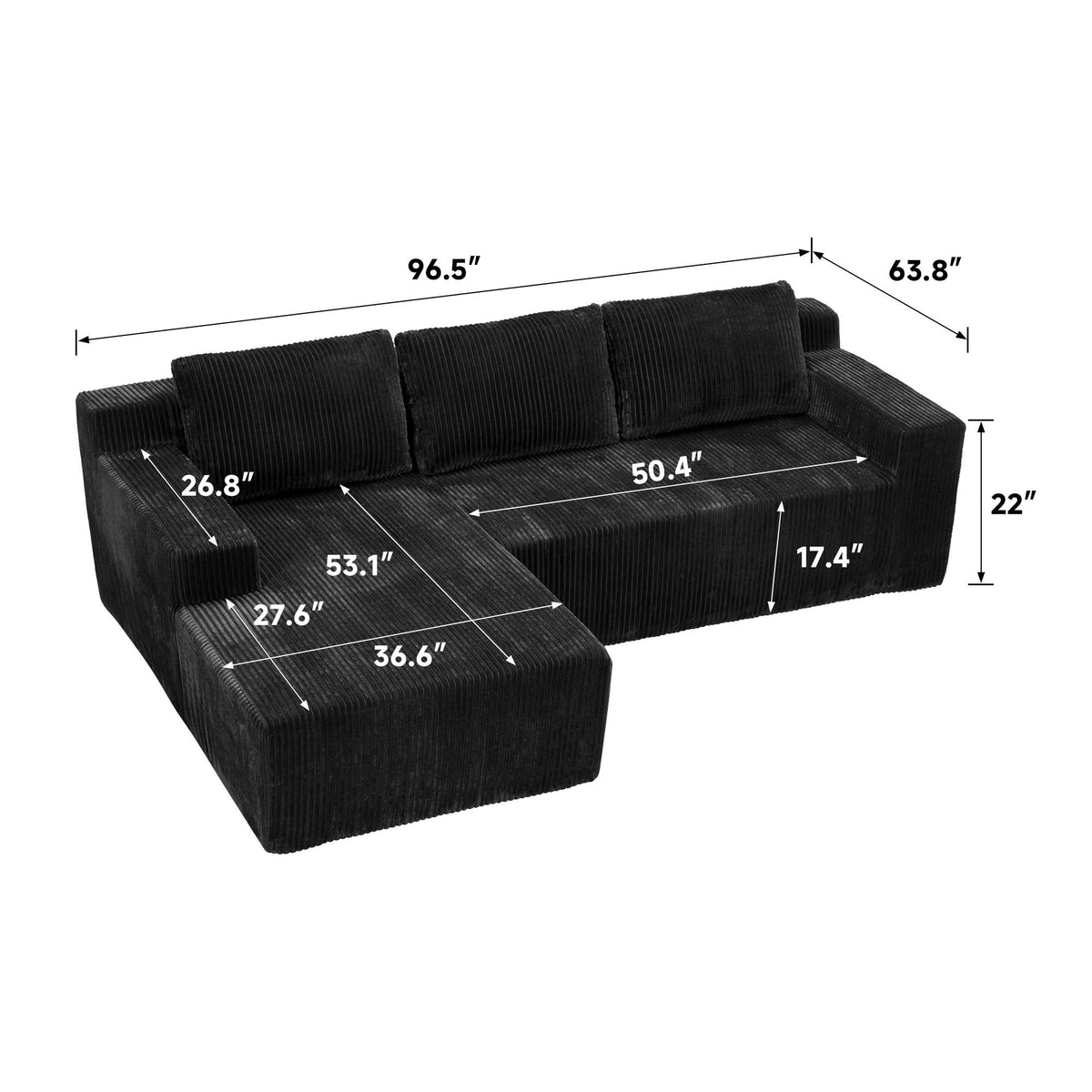 3-Seater Corduroy Modular L-Shaped Sectional Sofa, Foam-Filled