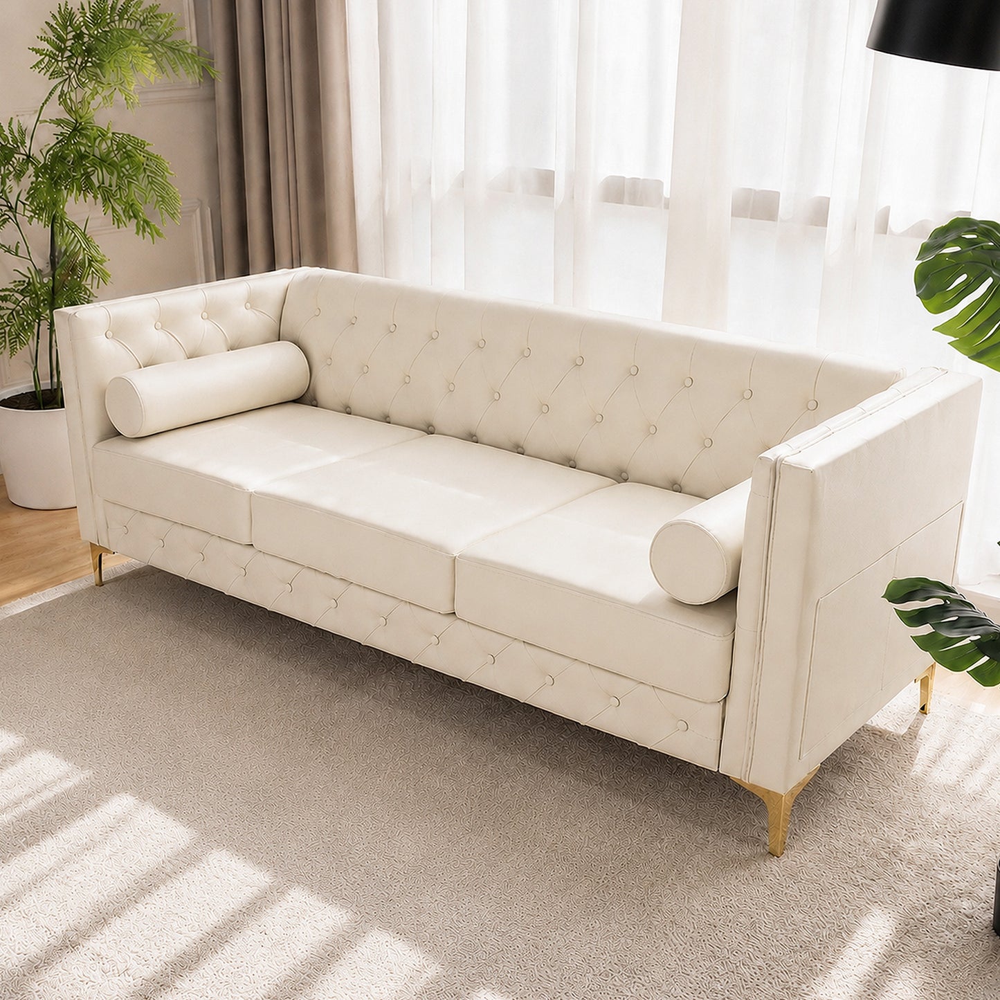 White Faux Leather Couch, Modern Tufted 3-Seat Sofa with Decorative Pillows, Metal Legs and High-Rebound Sponge Comfort for Home