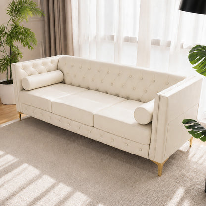 White Faux Leather Couch, Modern Tufted 3-Seat Sofa with Decorative Pillows, Metal Legs and High-Rebound Sponge Comfort for Home