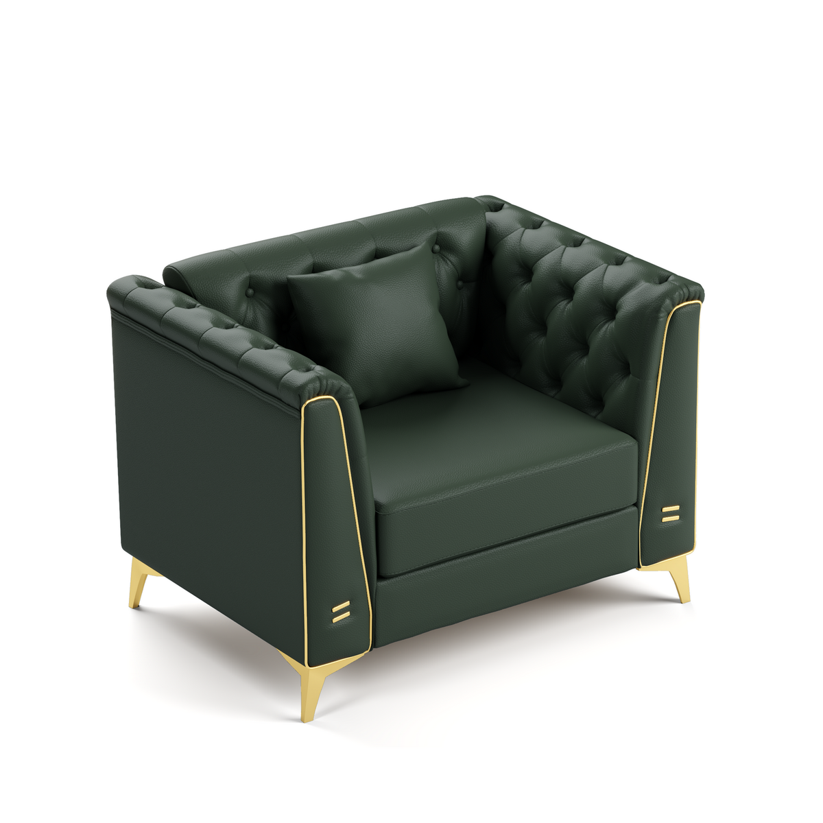4 Pillows Light Luxury Chesterfield Sofa, Faux Leather, Button Tufting, Metal Trim Armrests & Thin Metal Legs