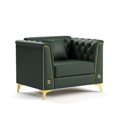 5 Pillows Light Luxury Chesterfield Sofa, Faux Leather, Metal Trim Armrests, Button Tufting & Thin Metal Legs