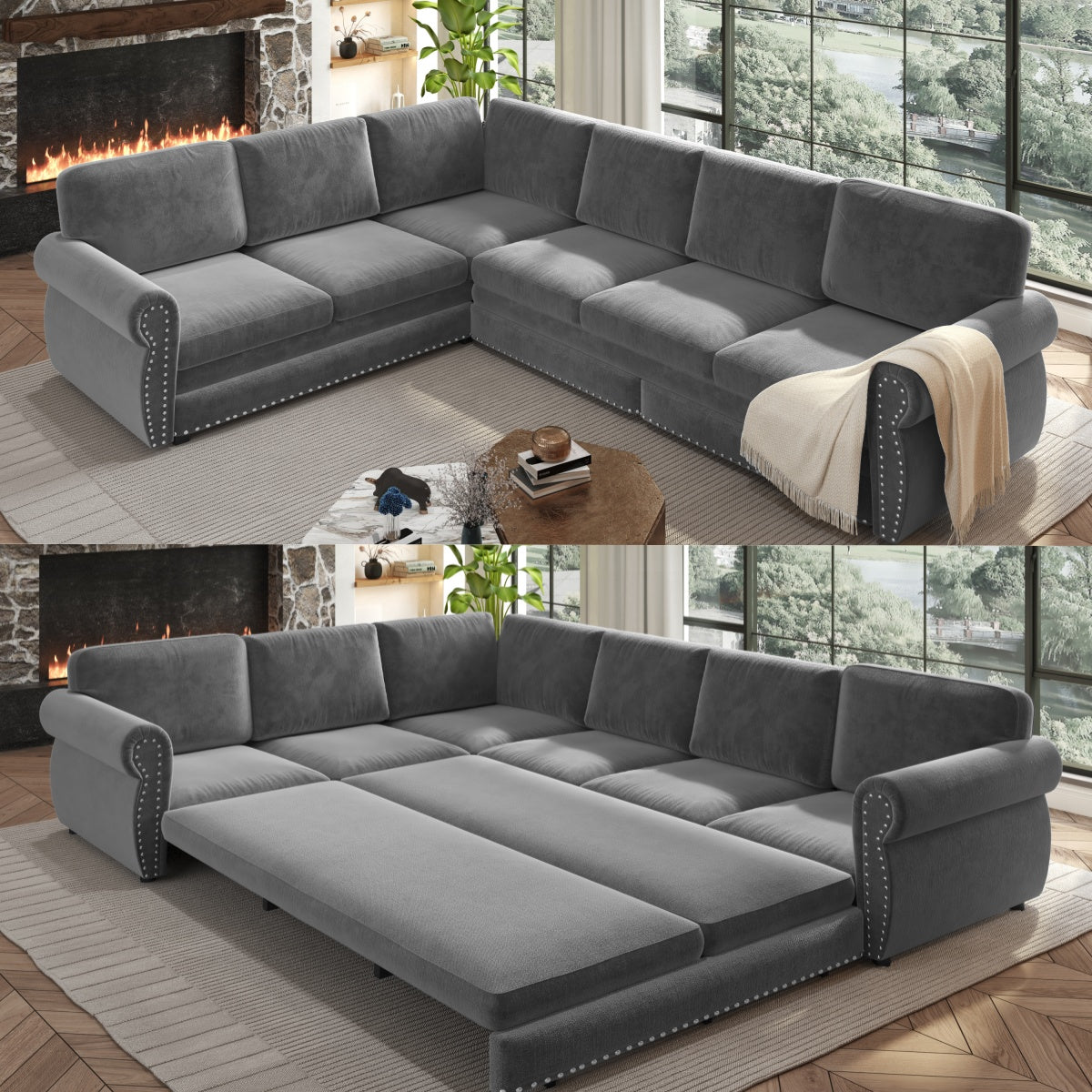 L-Shaped Chenille Sectional Sofa with Pull-Out Bed & Rolled Arm