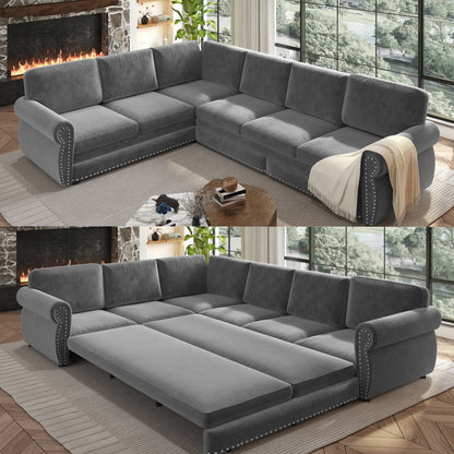 L-Shaped Chenille Sectional Sofa with Pull-Out Bed & Rolled Arm