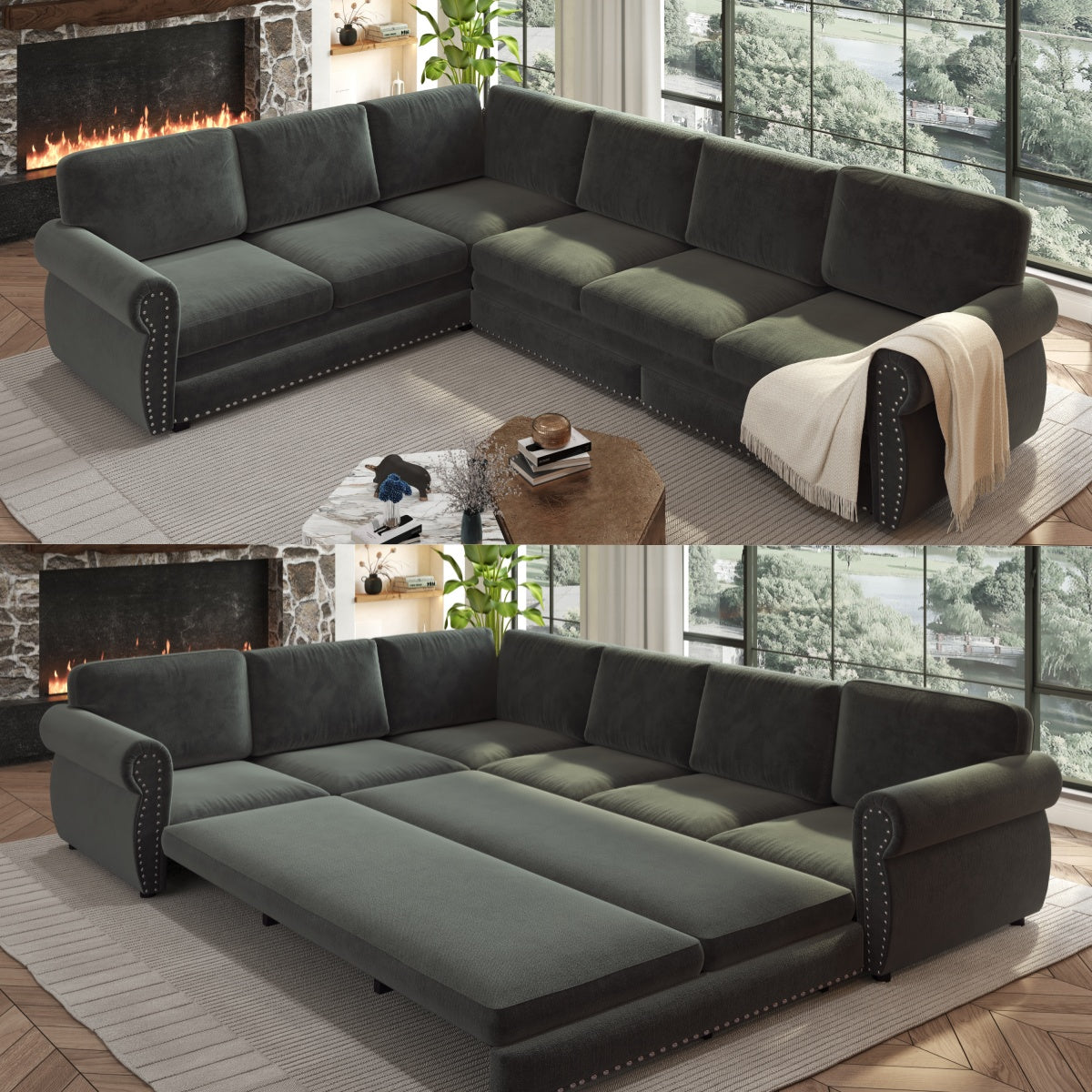 L-Shaped Chenille Sectional Sofa with Pull-Out Bed & Rolled Arm