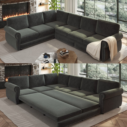 L-Shaped Chenille Sectional Sofa with Pull-Out Bed & Rolled Arm