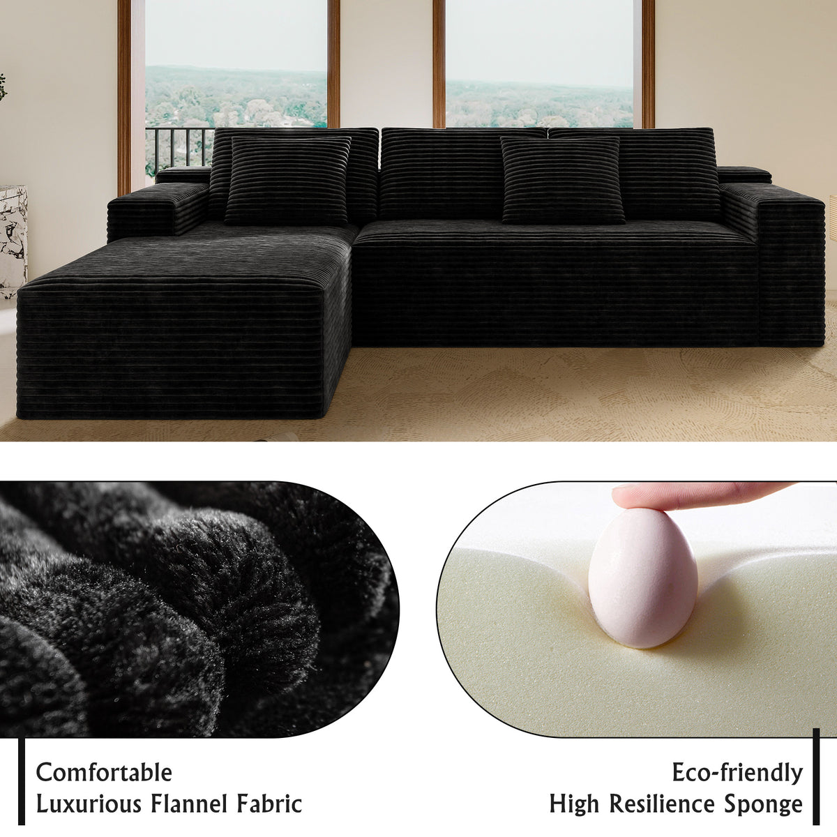 2PC Modular Sectional Sofa, Plush Corduroy Upholstered Couch, No Assembly