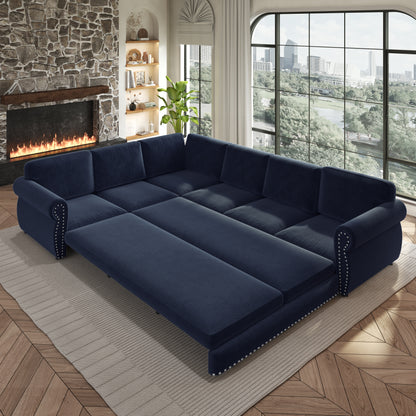 118" Oversized Convertible Sleeper Sofa with Nailhead Trim, L-Shaped Couch