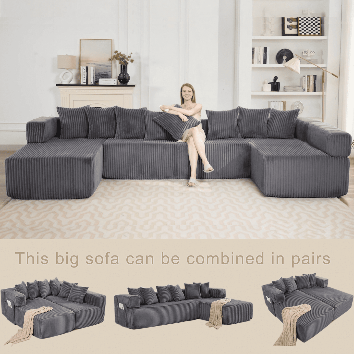 Dark Gray Oversized Modular Sectional Sofa – 6-Seat Convertible L-Shaped Corduroy Couch with Free Combination Design