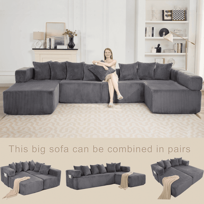 Dark Gray Oversized Modular Sectional Sofa – 6-Seat Convertible L-Shaped Corduroy Couch with Free Combination Design