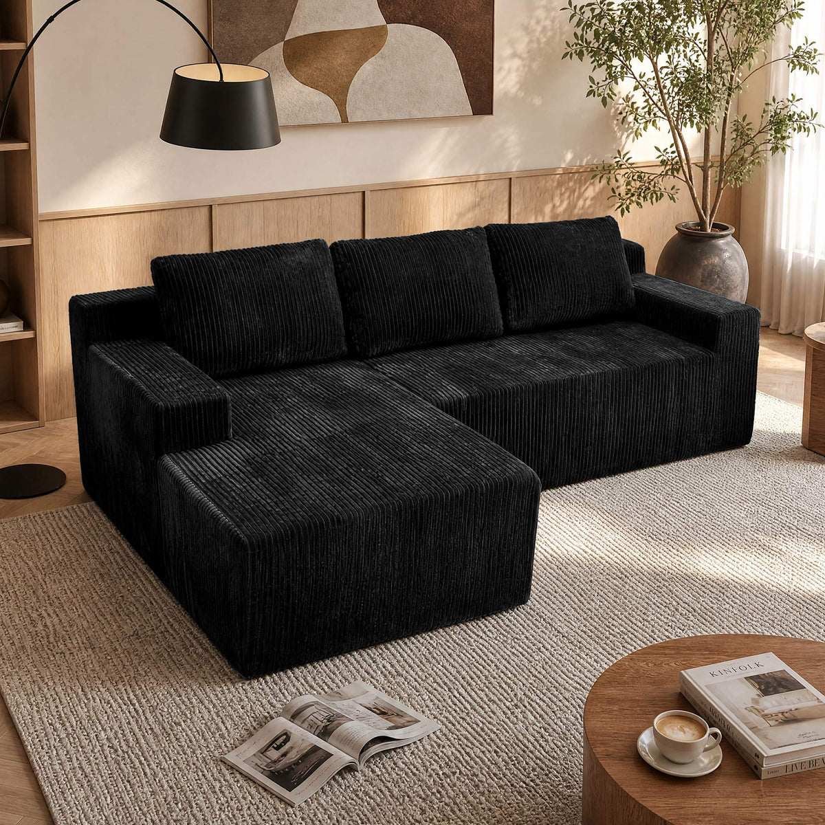 3-Seater Corduroy Modular L-Shaped Sectional Sofa, Foam-Filled