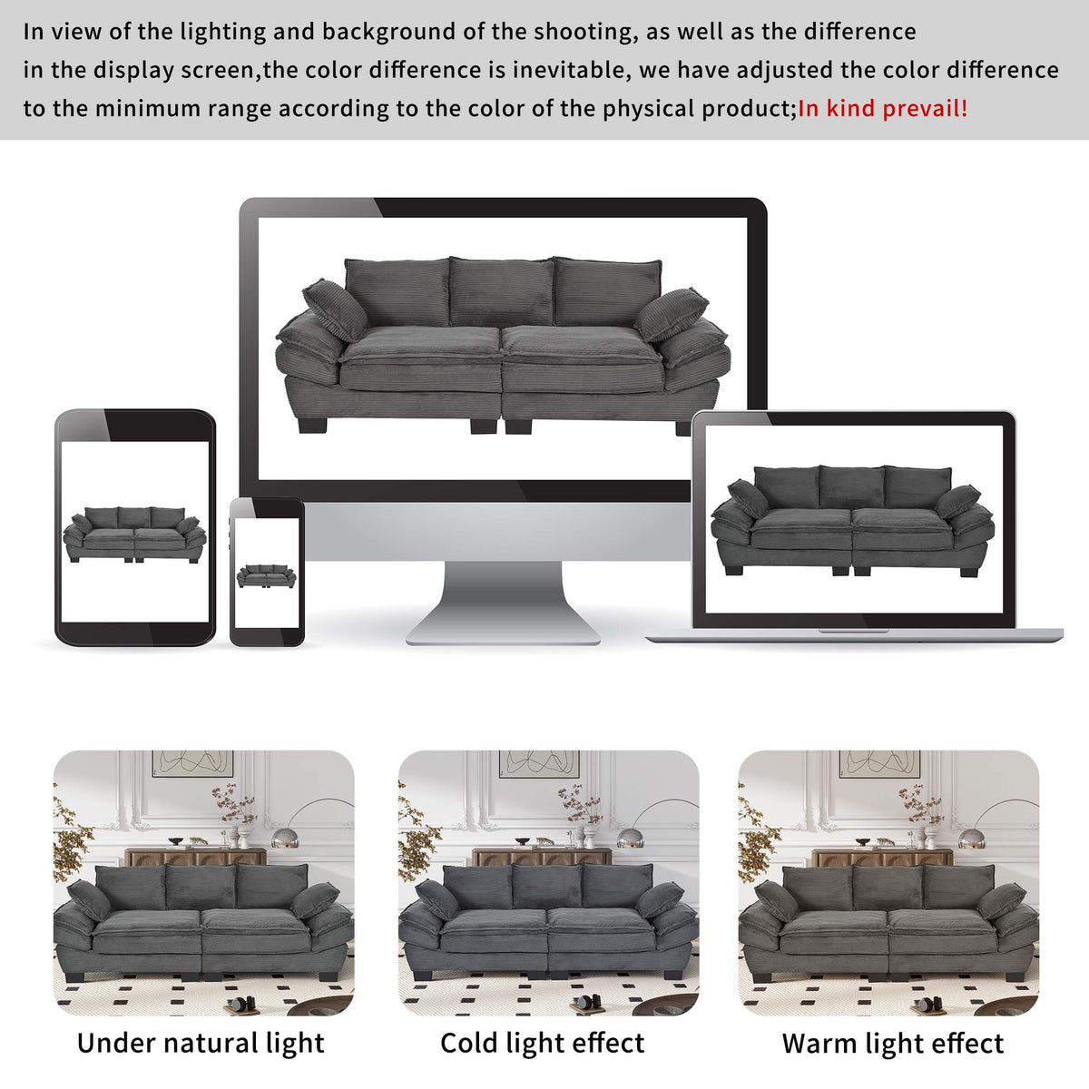 U-Style Modern Curved Sofa, Back Upholstered Couch with 2 Decorative Throw Pillows, Corduroy Fabric Couch for Living Room, Bedroom , Apartment