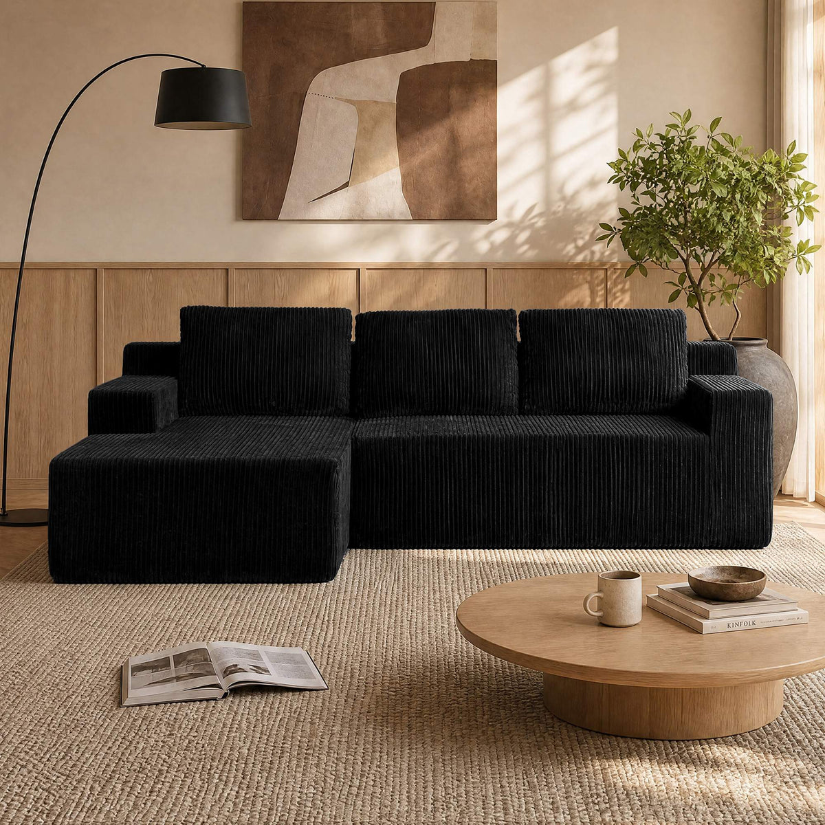 3-Seater Corduroy Modular L-Shaped Sectional Sofa, Foam-Filled