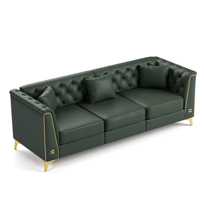 5 Pillows Light Luxury Chesterfield Sofa, Faux Leather, Metal Trim Armrests, Button Tufting & Thin Metal Legs